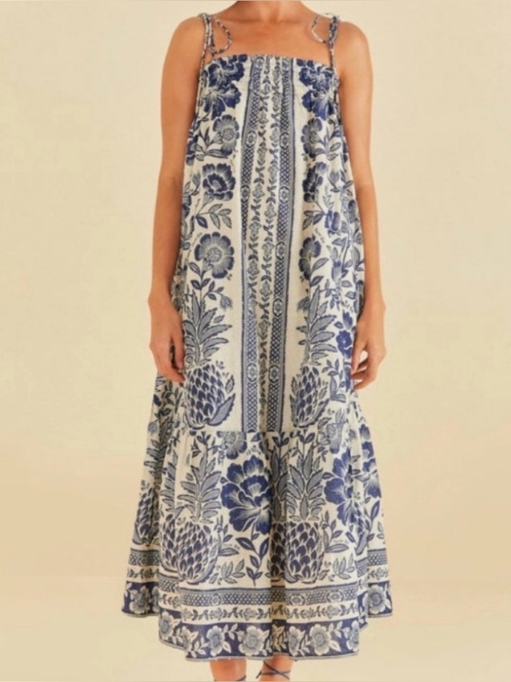 FARM Rio Blue Pineapple Garden Midi Dress Tropical Resortwear Vacation Blue